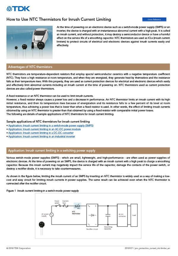 TDK NTC Thermistors Inrush Protection PDF Cover